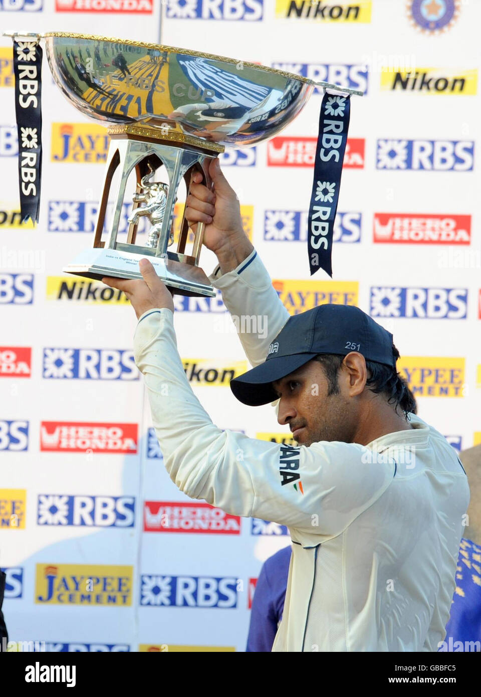 Ms Dhoni Poses With The Rbs Trophy Following The Close Of Play On The Fifth Day Of The Second Test At The Punjab Cricket Association Stadium Mohali India Stock Photo Alamy