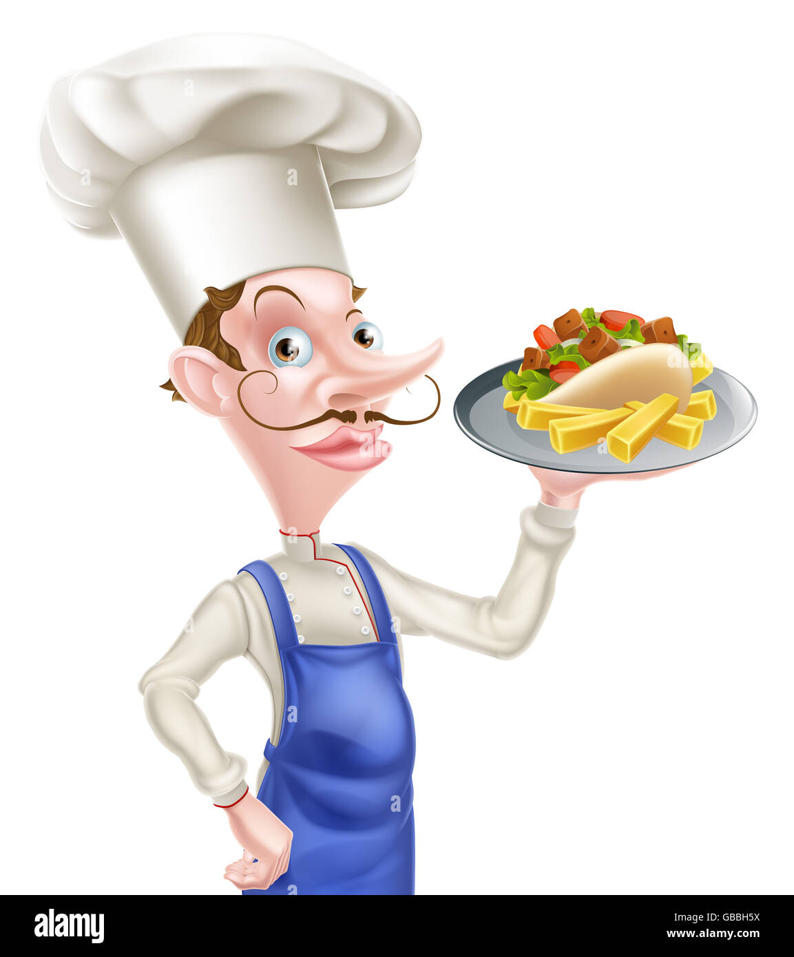 An Illustration of a Cartoon Chef With Pita Kebab and Chips Stock Photo