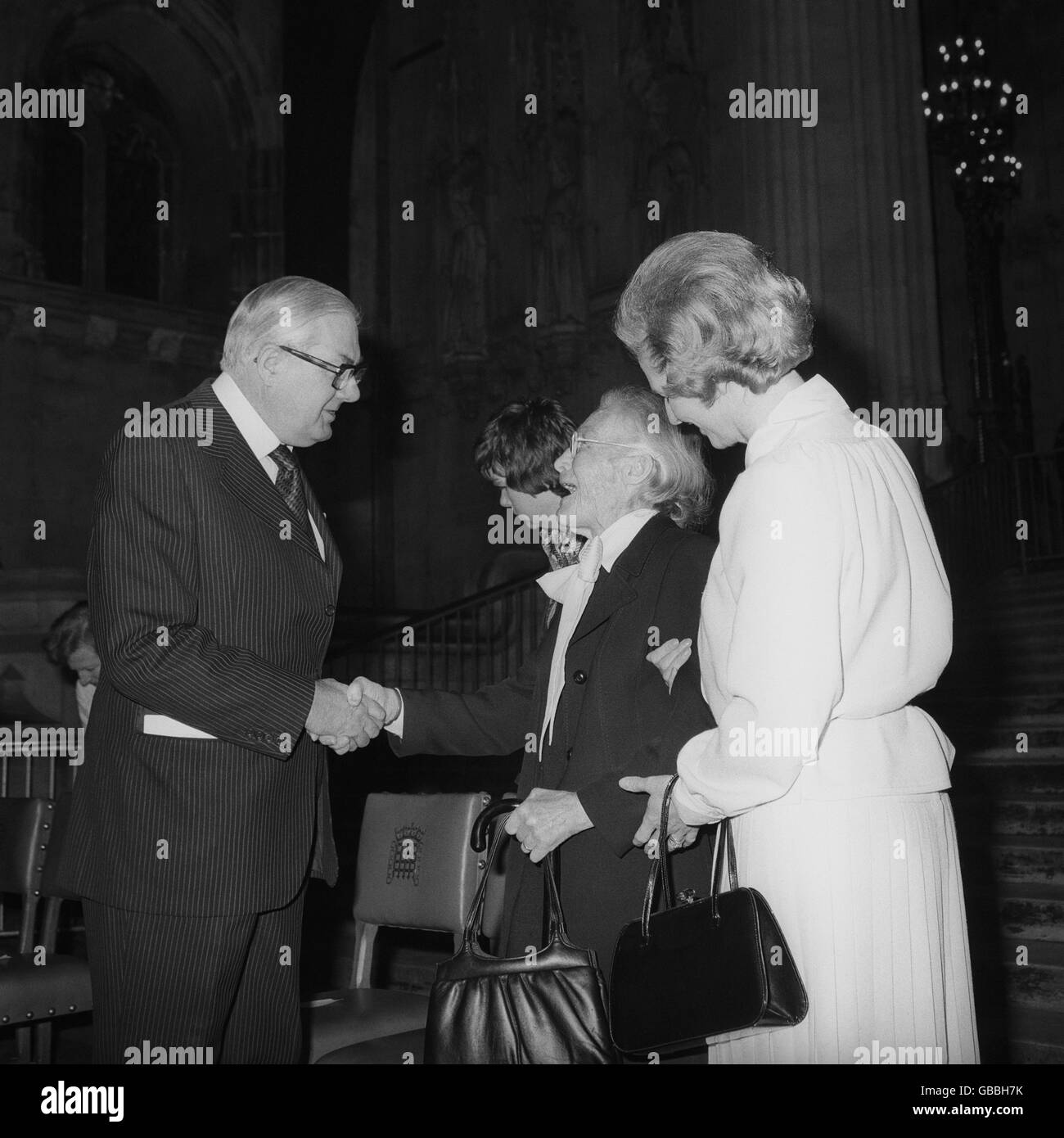 Prime Minister James Callaghan in company with Opposition leader Margaret Thatcher at Westminster Hall when they met 96 year old suffragette Dame Margery Corbett Ashby at the official opening of 'A Right to Vote', an exhibition marking the 50th anniversary of equal voting rights. Stock Photo