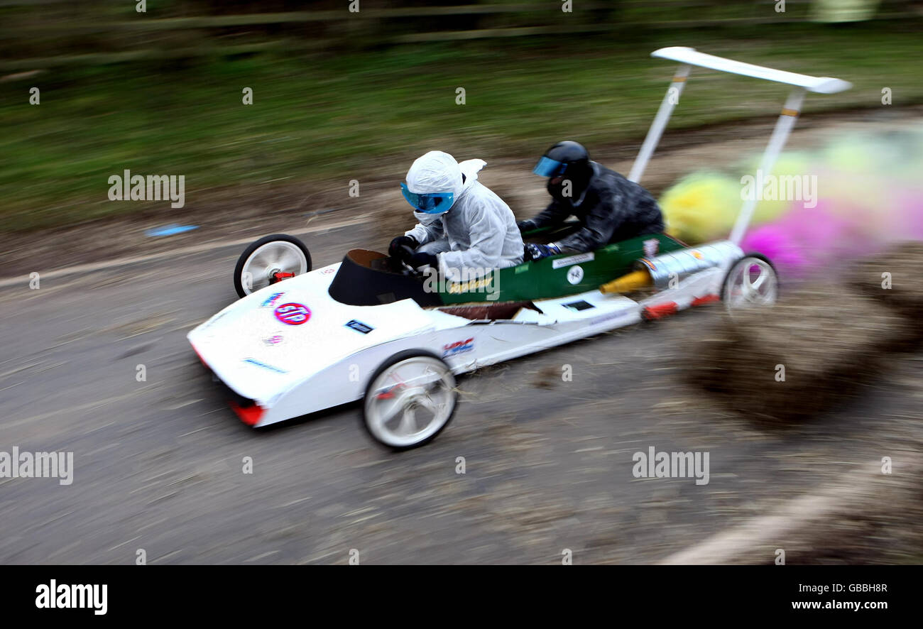 Team Muppett' tear through the chicane at the Hoar Cross Downhill soapbox competition. The competition organised by the 'Mad Club' in aid of charity, is run over a 1.25 mile course near the Staffordshire village and last year raised 78,000. Stock Photo