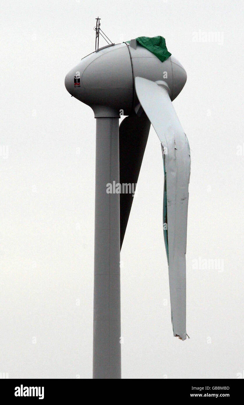 Damage to wind turbine Stock Photo
