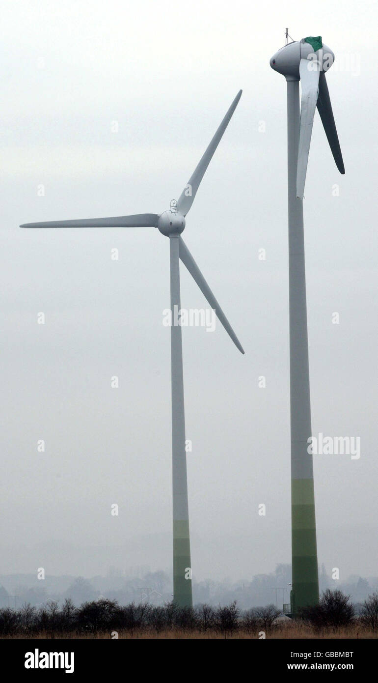Damage to wind turbine. A wrecked wind turbine on farm land in the village of Conisholme, Lincolnshire. Stock Photo