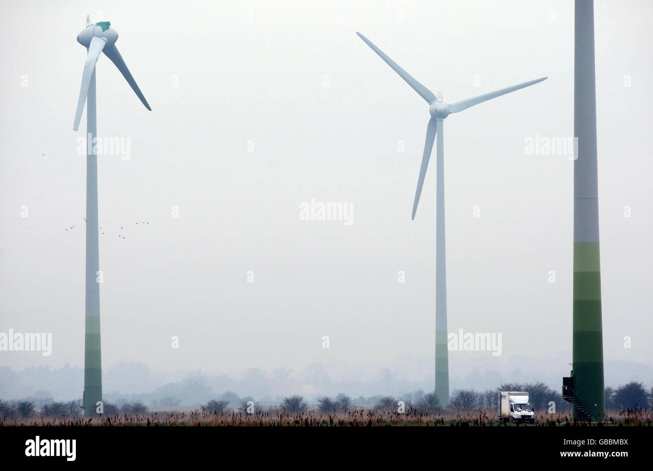 A wrecked wind turbine on farm land in the village of Conisholme, Lincolnshire. Stock Photo