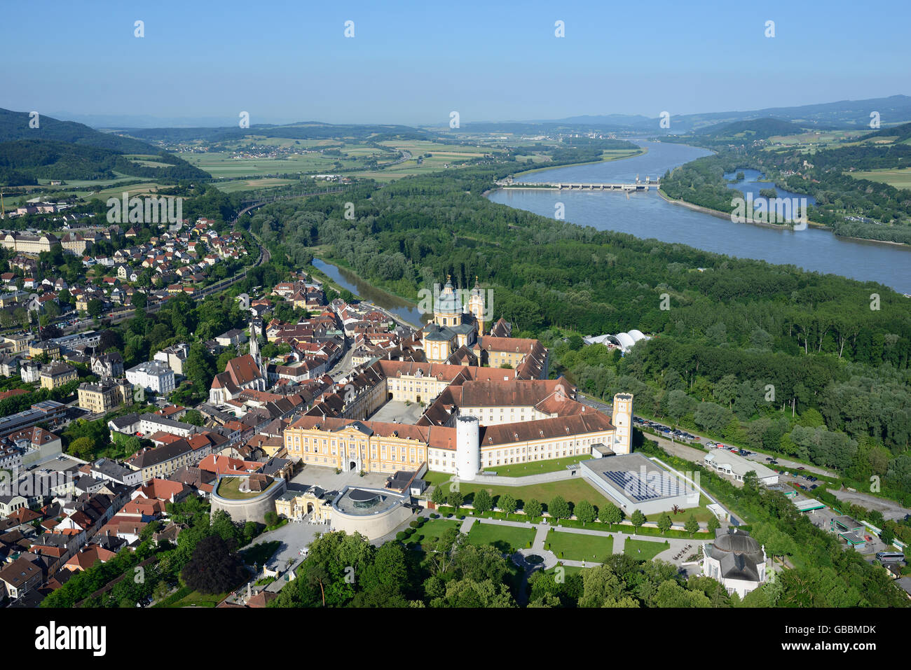 AERIAL VIEW. Melk Abbey overlooking the Danube River. Melk, Lower Austria, Austria. Stock Photo