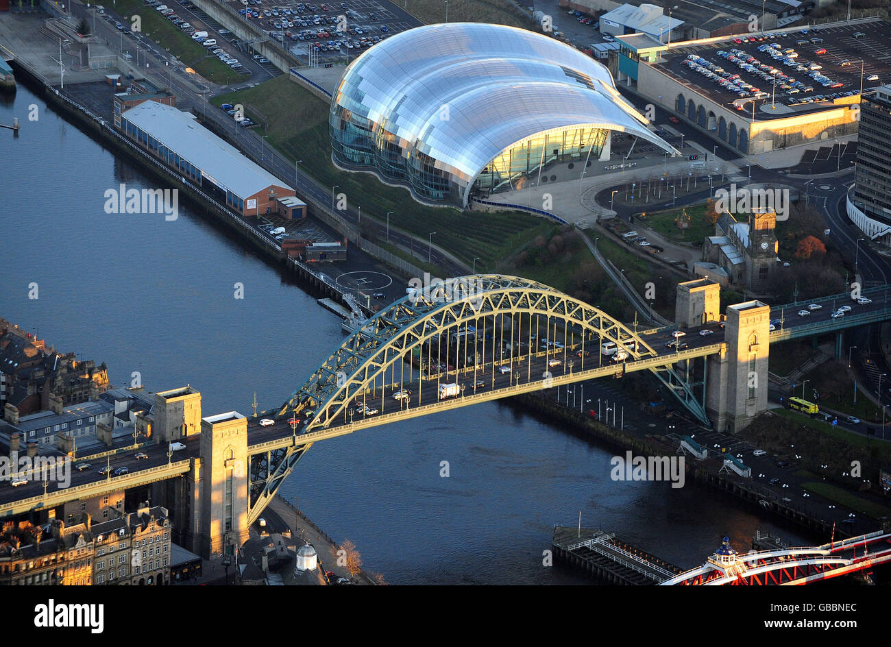 Aerial view of Newcastle city centre showing the Tyne Bridge and the