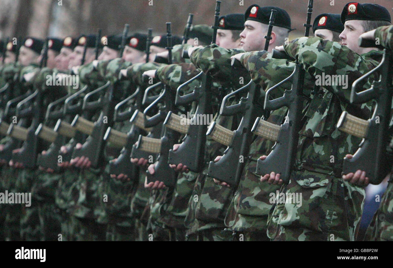 Defence Minister Willie O'Dea reviews 400 troops from the 99 Infantry Battalion bound for troubled African state Chad at McKee Barracks in Dublin today. Stock Photo