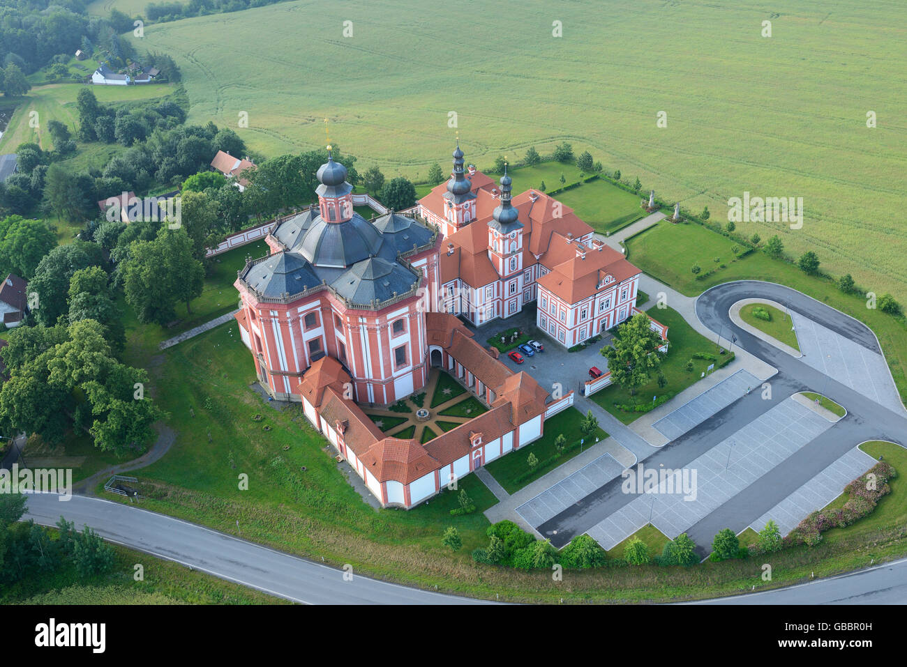AERIAL VIEW. Religious edifice of Mariánská Týnice. Královice, District of Plzeň-North, Bohemia, Czech Republic. Stock Photo