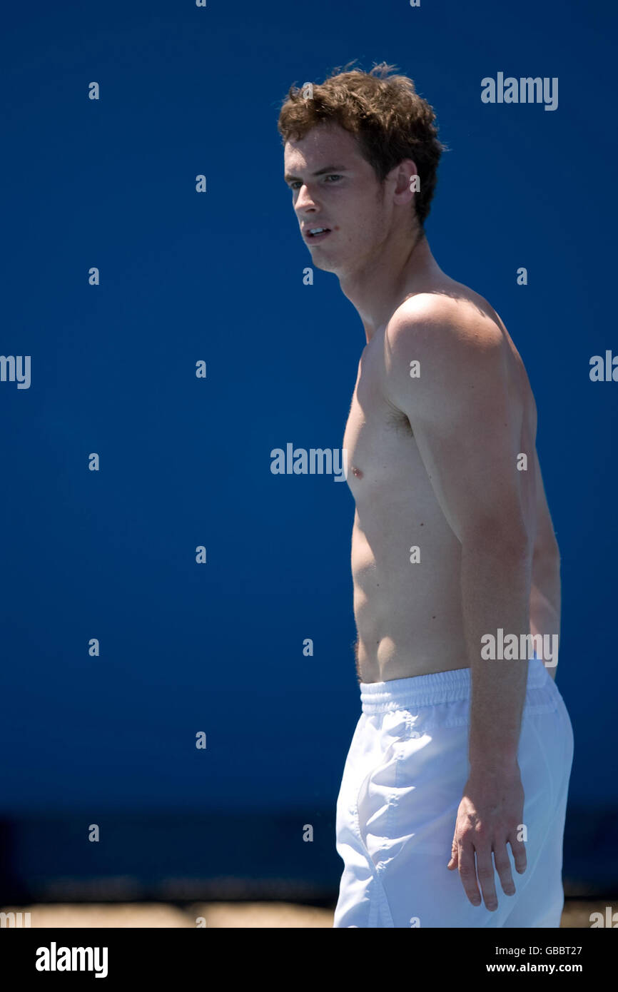 Great Britain's Andy Murray practices during the Australian Open 2009 at Melbourne Park, Melbourne, Australia. Stock Photo