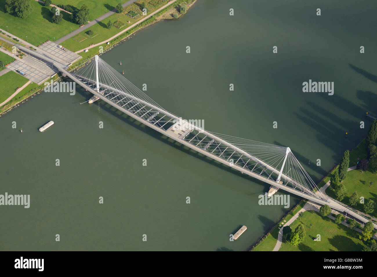 AERIAL VIEW. Passerelle des Deux Rives aka Passerelle Mimram. Cable-stayed footbridge over the Rhine linking Strasbourg in France and Kehl in Germany. Stock Photo