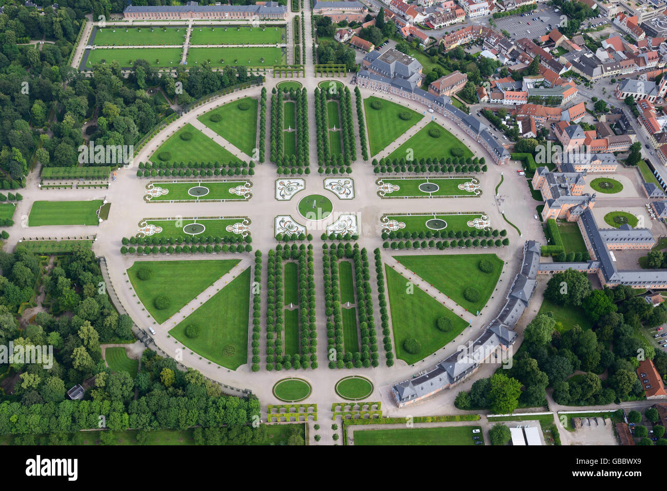 AERIAL VIEW. Castle and Garden of Schwetzingen. Schwetzingen, Baden-Wurttemberg, Germany. Stock Photo