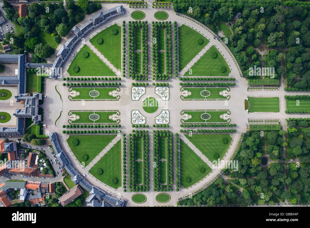 VERTICAL AERIAL VIEW. Schwetzingen Castle's garden. Schwetzingen, Baden-Wurttemberg, Germany. Stock Photo