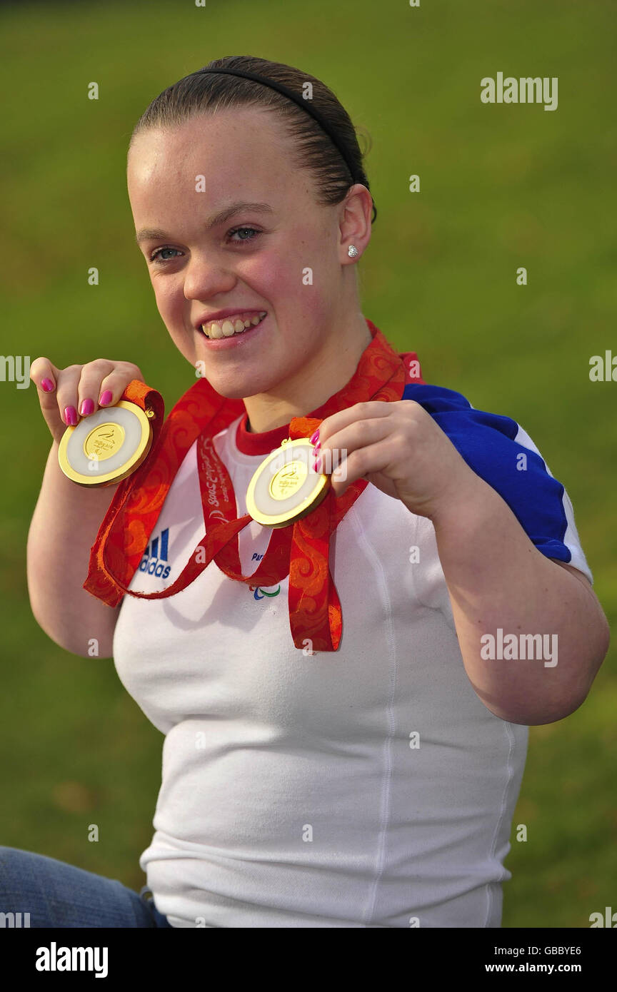 14-year-old Eleanor Simmonds outside the Wales National Pool, Swansea, Wales, after she received a MBE in the New Year Honours list. Stock Photo