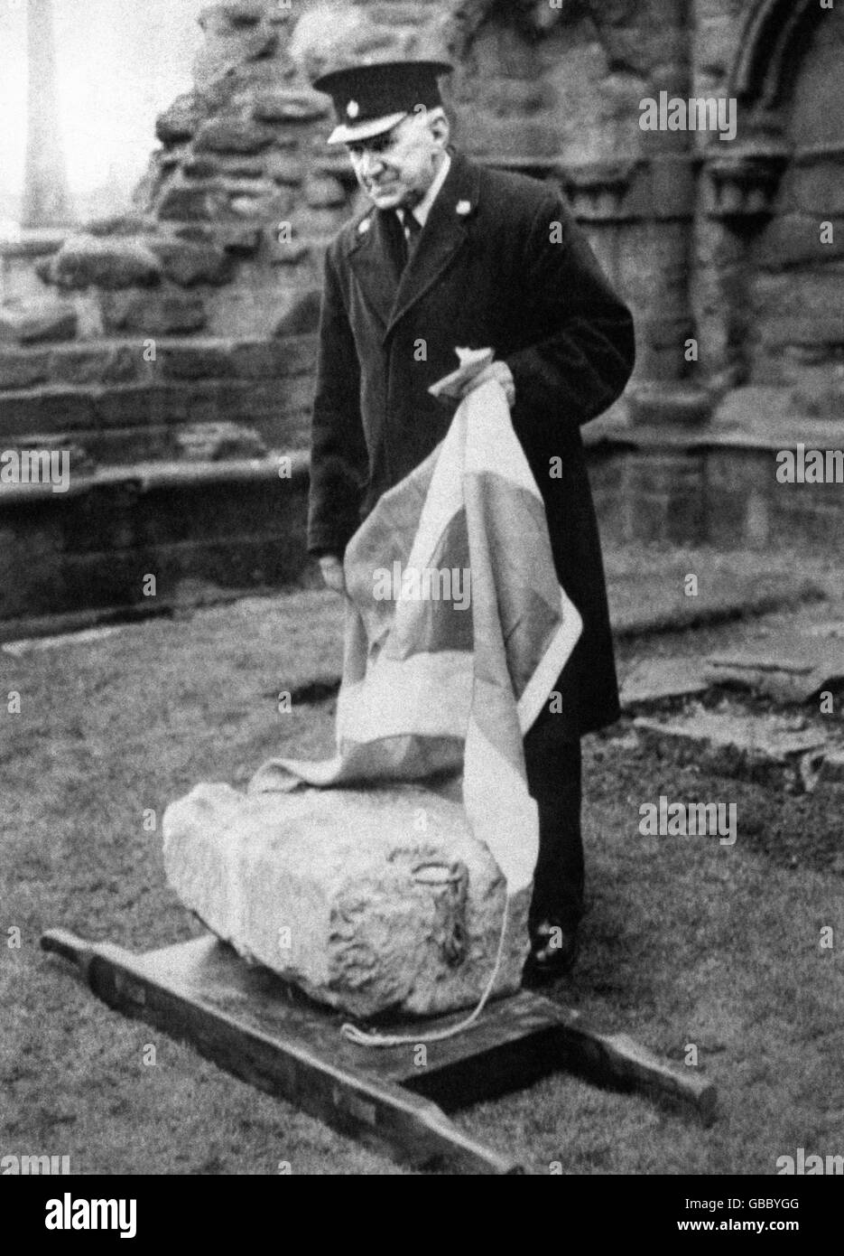 A stone - said to be the Scottish Stone of Destiny (Stone of Scone) but awaiting positive identification - was removed from Arbroath Abbey, Forfarshire, by police, who believed it to be the Stone of Scone stolen from Westminster Abbey. Stock Photo