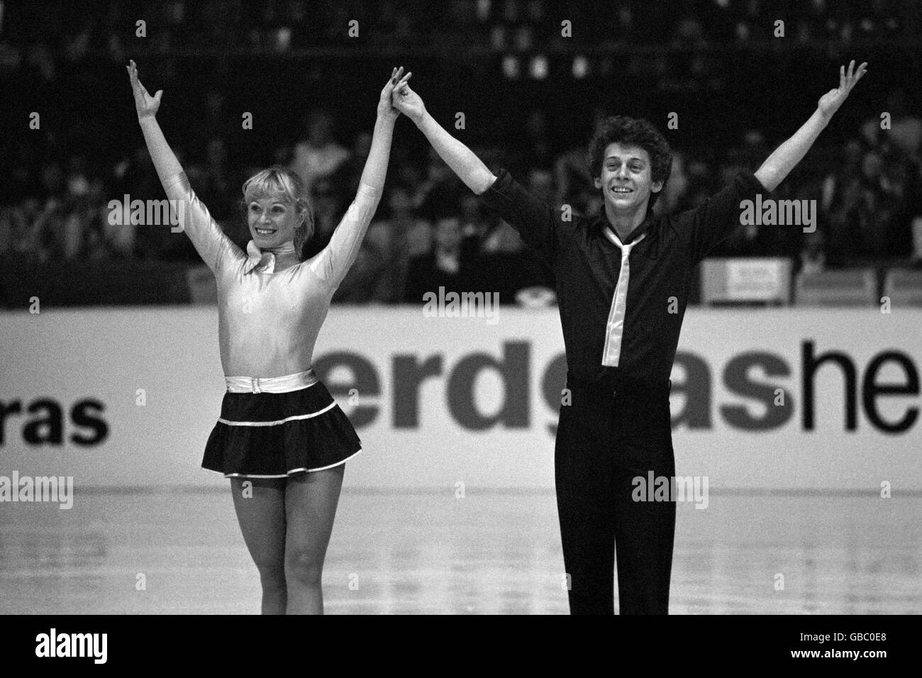 Britain's Nicky Slater and Karen Barber, principal bearers of the flag in the absence of World Champions Jayne Torvill and Christopher Dean, lying in second place in the European Ice Dance Championships. Stock Photo