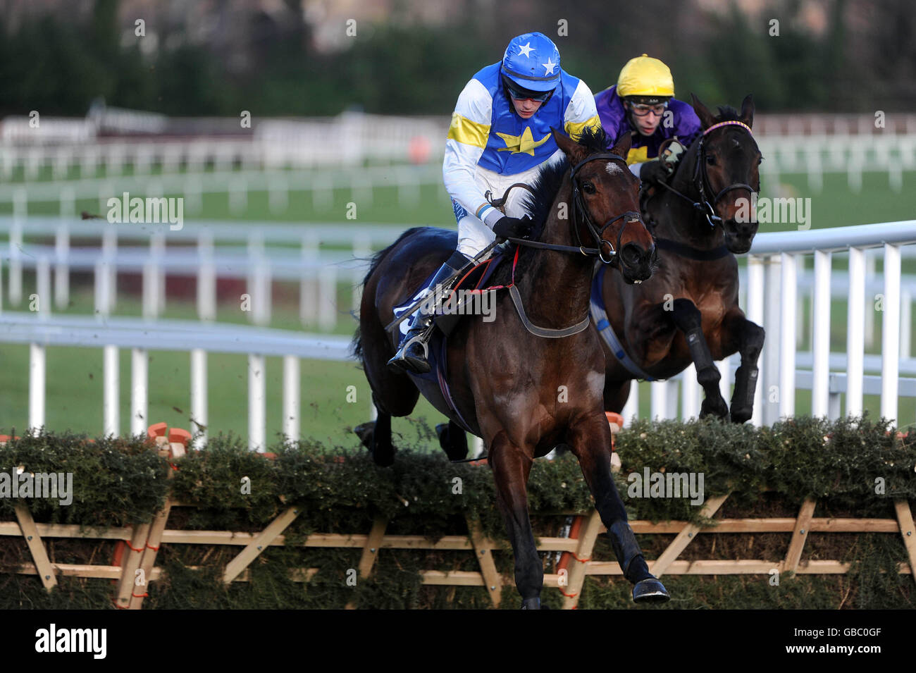 Voler La Vedette, with jockey Matt O'Connor, clears the last on their way to winning the Durkan New Homes Maiden Hurdle during Stephens Day and Durkan Day at Leopardstown Racecourse, Ireland. Stock Photo
