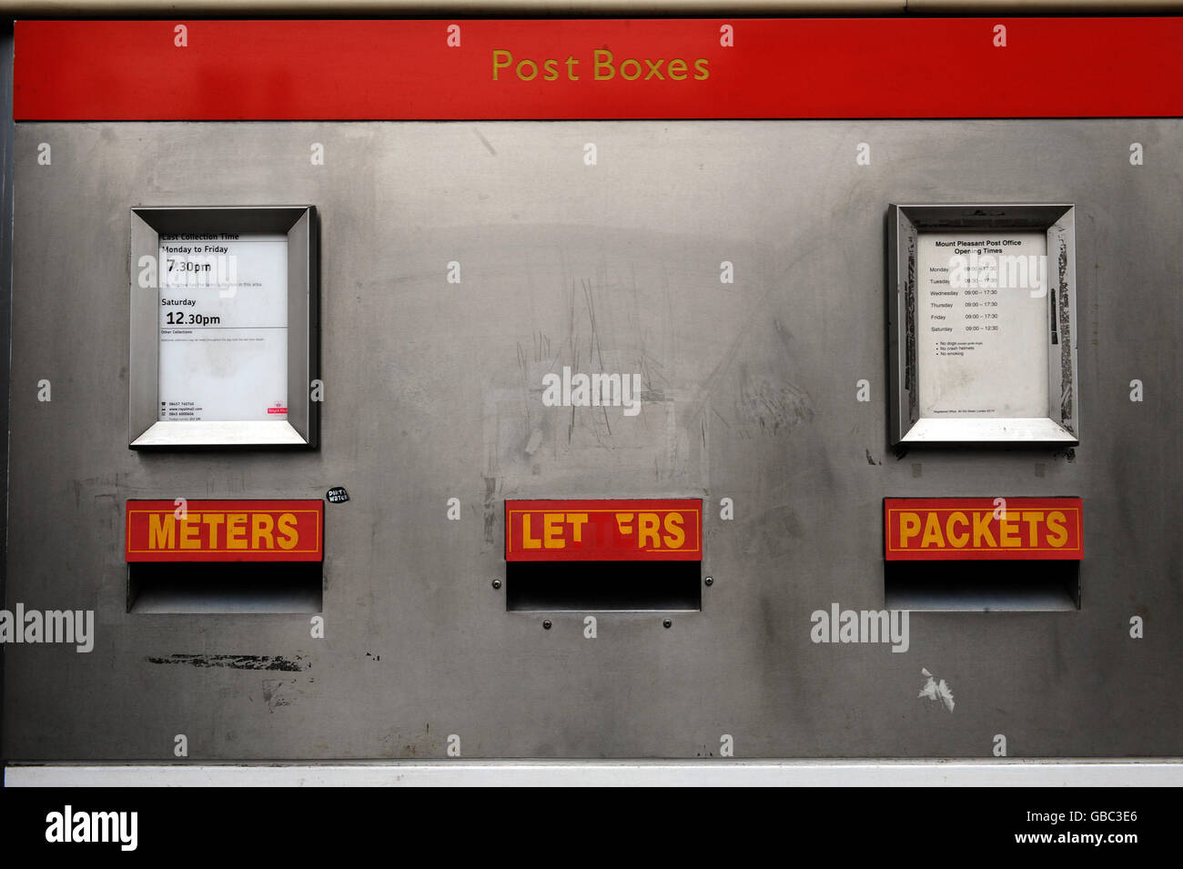 Post boxes at the Royal Mail Mount Pleasant Sorting Office, in Clerkenwell, London. Stock Photo