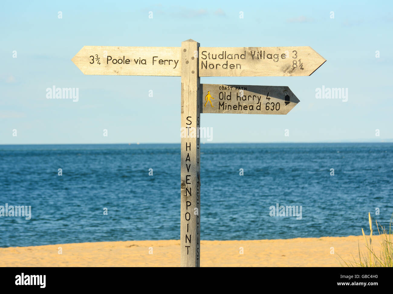 Footpath direction signpost at the northern end of the beach, Studland, Dorset. Stock Photo