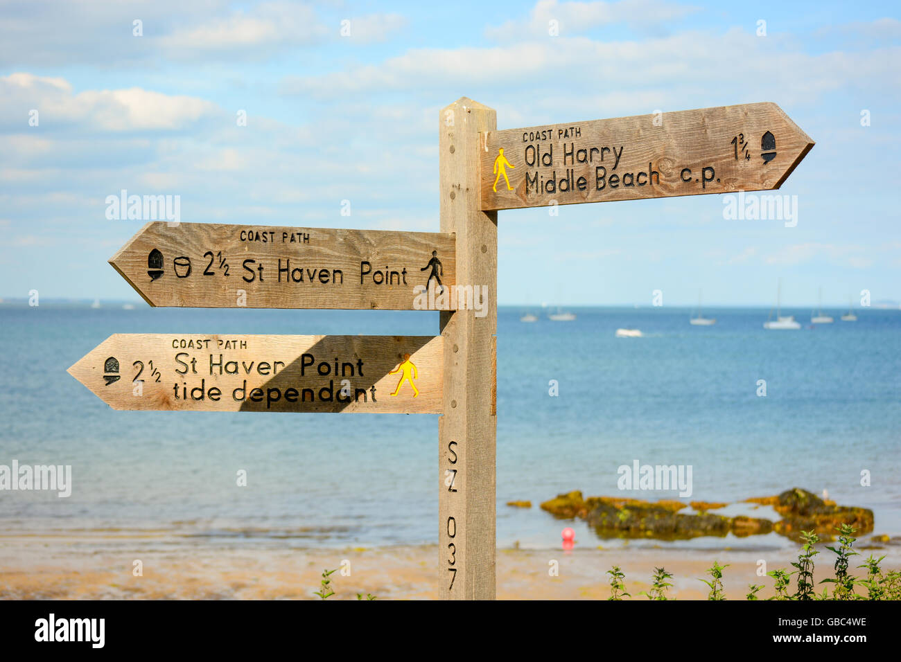 Footpath direction signpost at the southern end of the beach, Studland, Dorset. Stock Photo