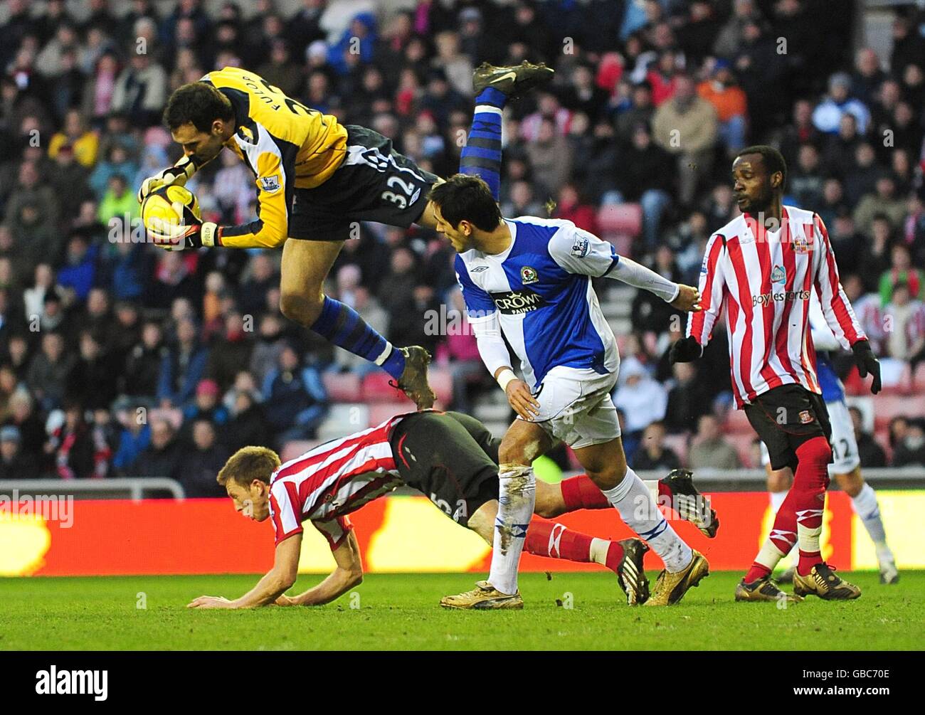 Sunderlands goalkeeper fulop collides with team mate danny collins hi-res  stock photography and images - Alamy