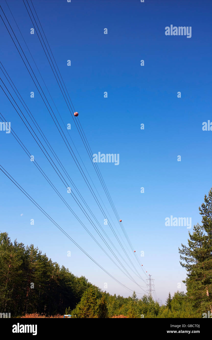 Electric line with bird flight diverters, Finland Stock Photo