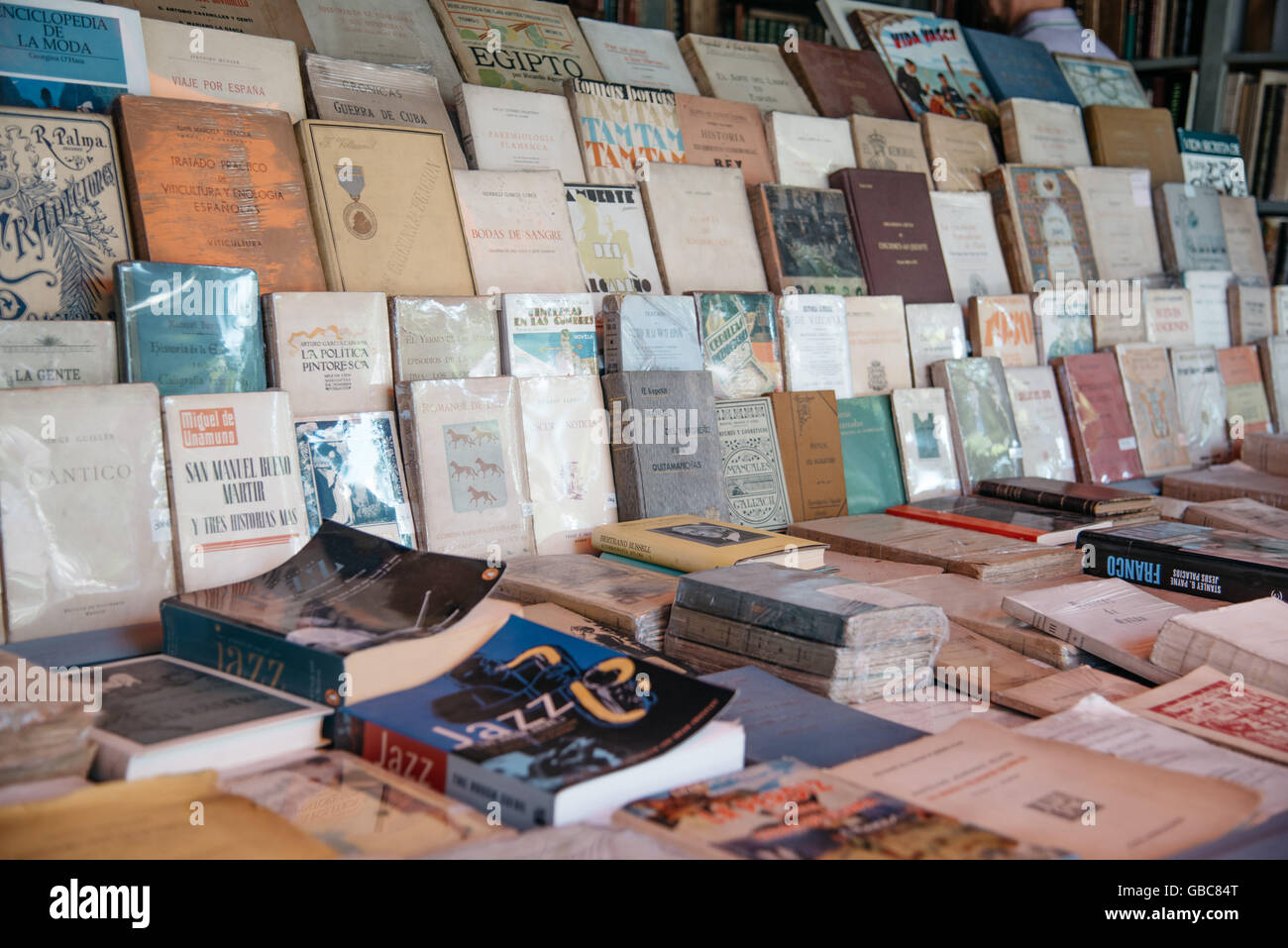 Madrid, Spain - July 03, 2016: Cuesta Moyano. Old book sale in a quaint street market near Museum of Prado Stock Photo