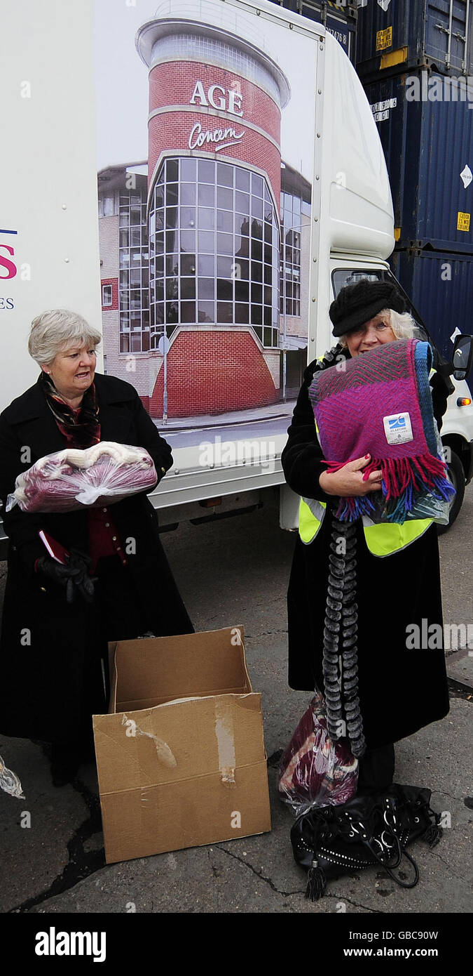 Clothes sent from Iceland are unloaded at Hull Docks today. Thousands of warm garments, that have been donated by people in Iceland, were collected by Age Concern. Stock Photo
