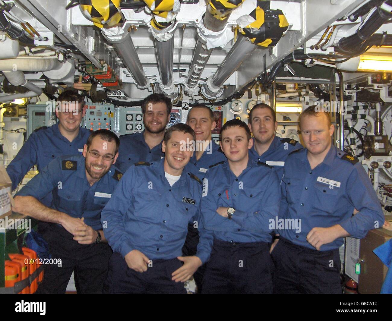 Collect photo dated 7/12/2006 of of Leading Mechanic Operator Paul McCann, from Halesowen in the West Midlands (front row extreme right) and Operator Mechanic Anthony Huntrod, 20, from Sunderland (front row second right, with red pen in pocket), with their shipmates, who were killed HMS Tireless during a training exercise off Alaska in March 2007. Stock Photo