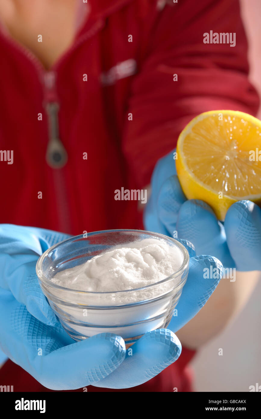 natural detergent product with bicarbonate and lemon for cleaning Stock Photo