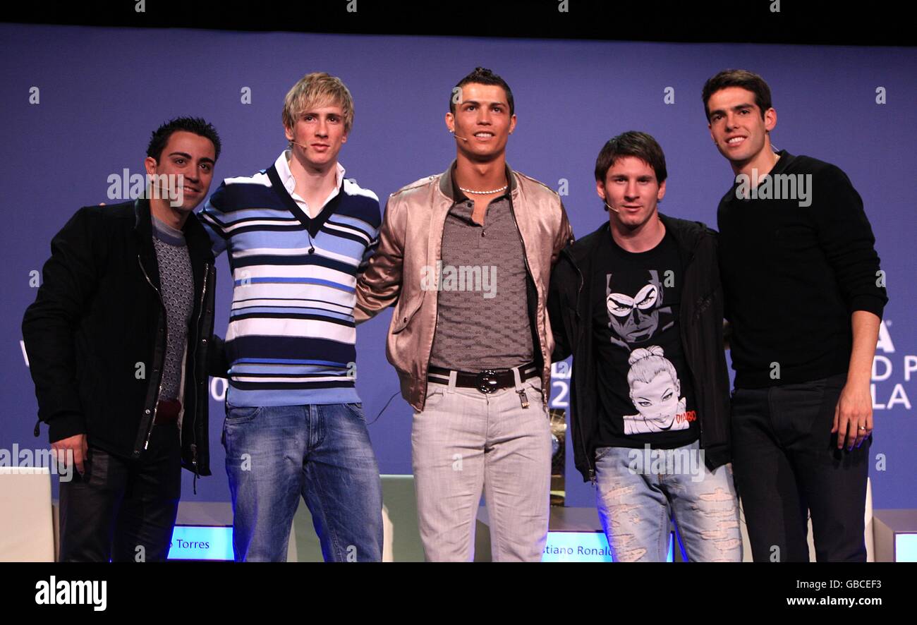 (left to right) Barcelona's Xavi Hernandez, Liverpool's Fernando Torres, Manchester United's Cristiano Ronaldo, Barcelona's Lionel Messi and AC Milan's Kaka at the FIFA World Player Gala 2008 Stock Photo