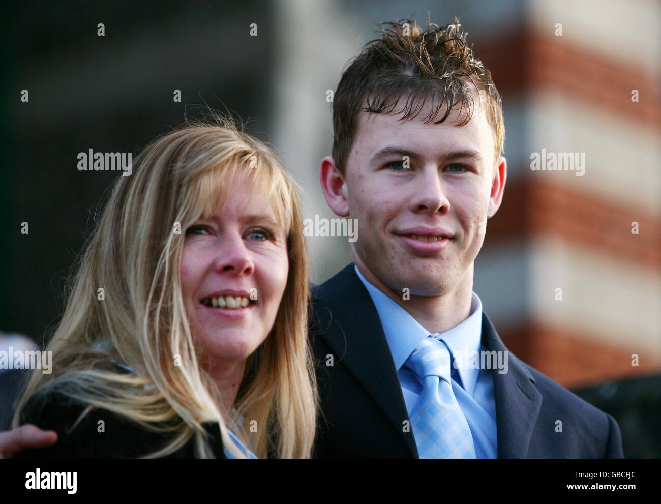 Sam Eastwell leaves Canterbury Crown Court in Kent with his mother Sharon after the sentencing of Aidan Shepherd and Grant Vanscolina who attacked him with a pick-axe handle in Ramsgate last year. Stock Photo