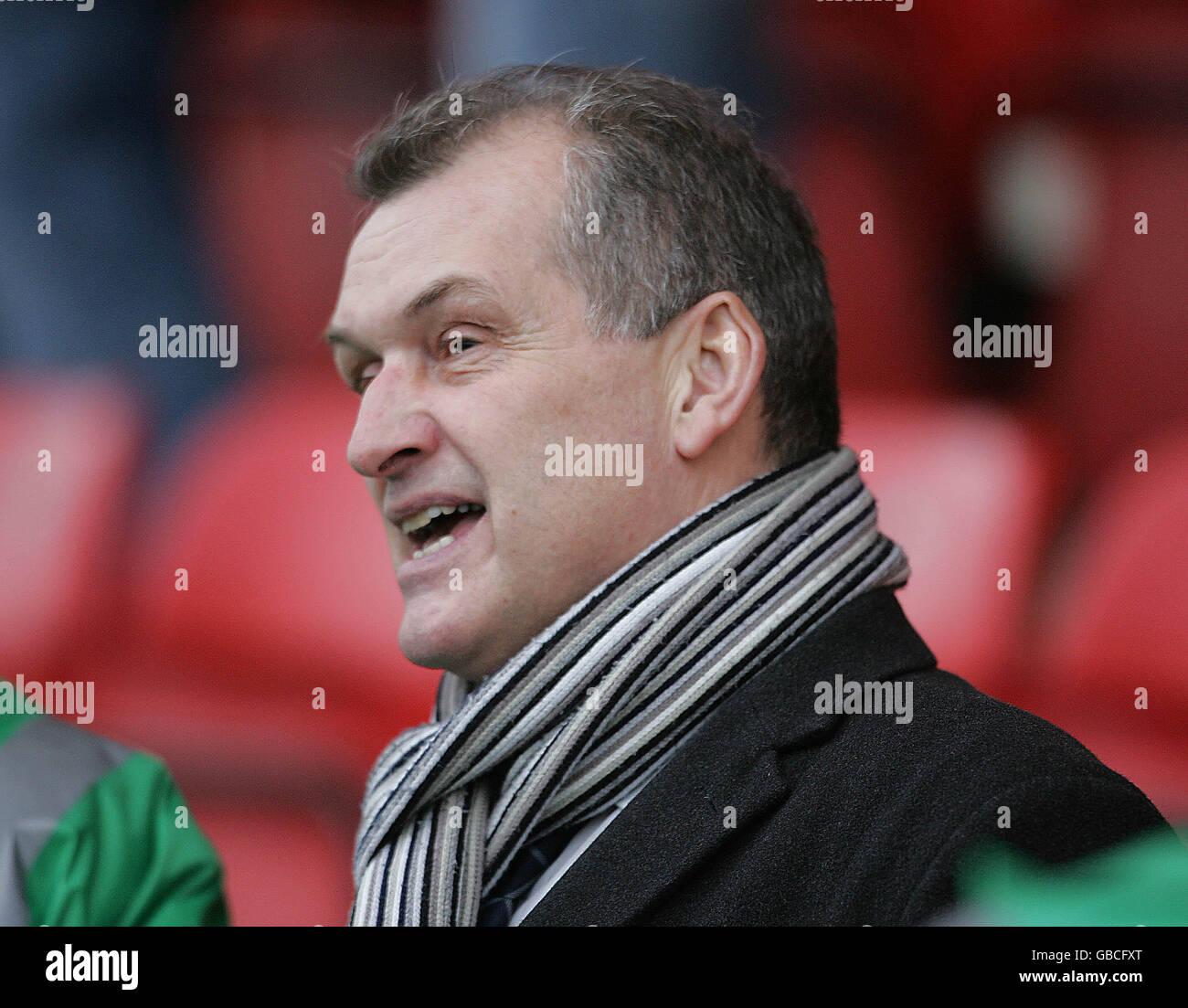 Crewe Alexandra's manager Gudjon Thordarson is happy at the result of his first league game in charge during the Coca-Cola Football League One match at the Alexandra Stadium, Crewe. Stock Photo