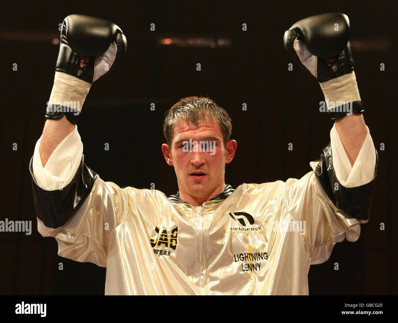 Lenny Daws after beating Sergejs Savrinovics on the undercard of the British Lightweight Title fight at the Robin Park Centre, Wigan. Stock Photo