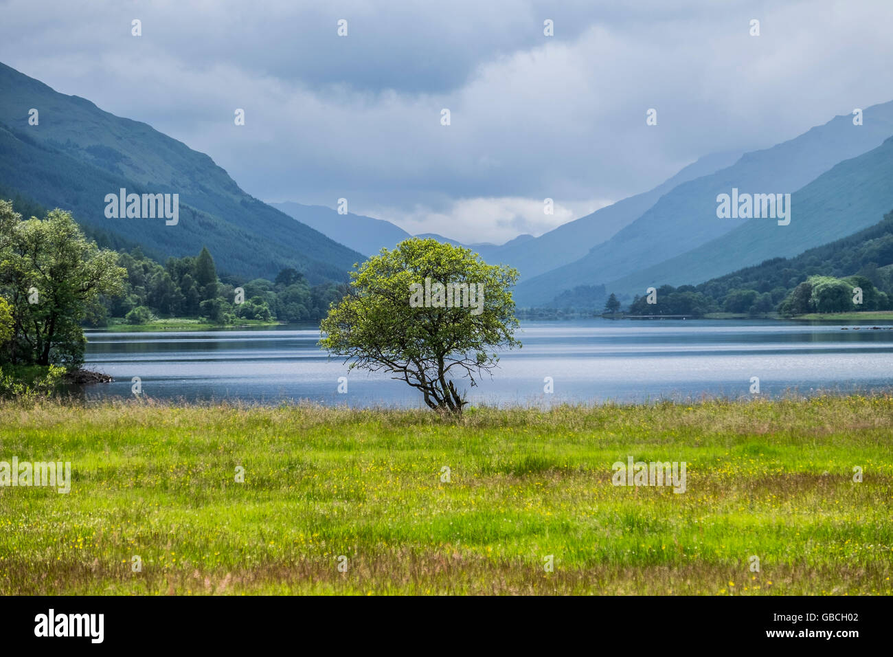 Iconic Scottish scenery looking towards Loch Voil from Balquhidder with hills and glens beyond. Stock Photo