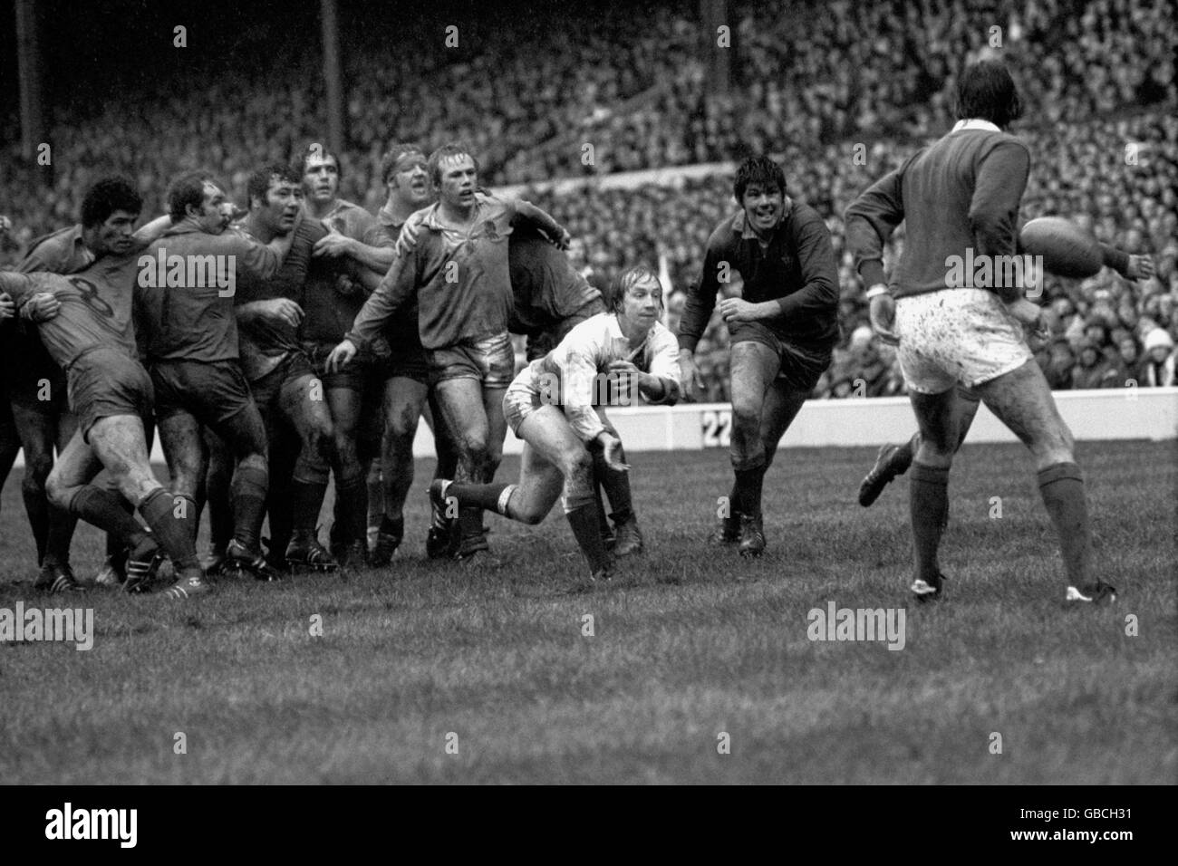 England scrum half Malcolm Young (second r) releases the ball to his backs, watched by teammates John Scott (l), Bob Mordell (second l), Mike Rafter (third l), Barry Nelmes (fourth l), Mike Burton (fifth l) and Peter Wheeler (third r), and Wales' Geoff Wheel (fourth r) and Allan Martin (r) Stock Photo