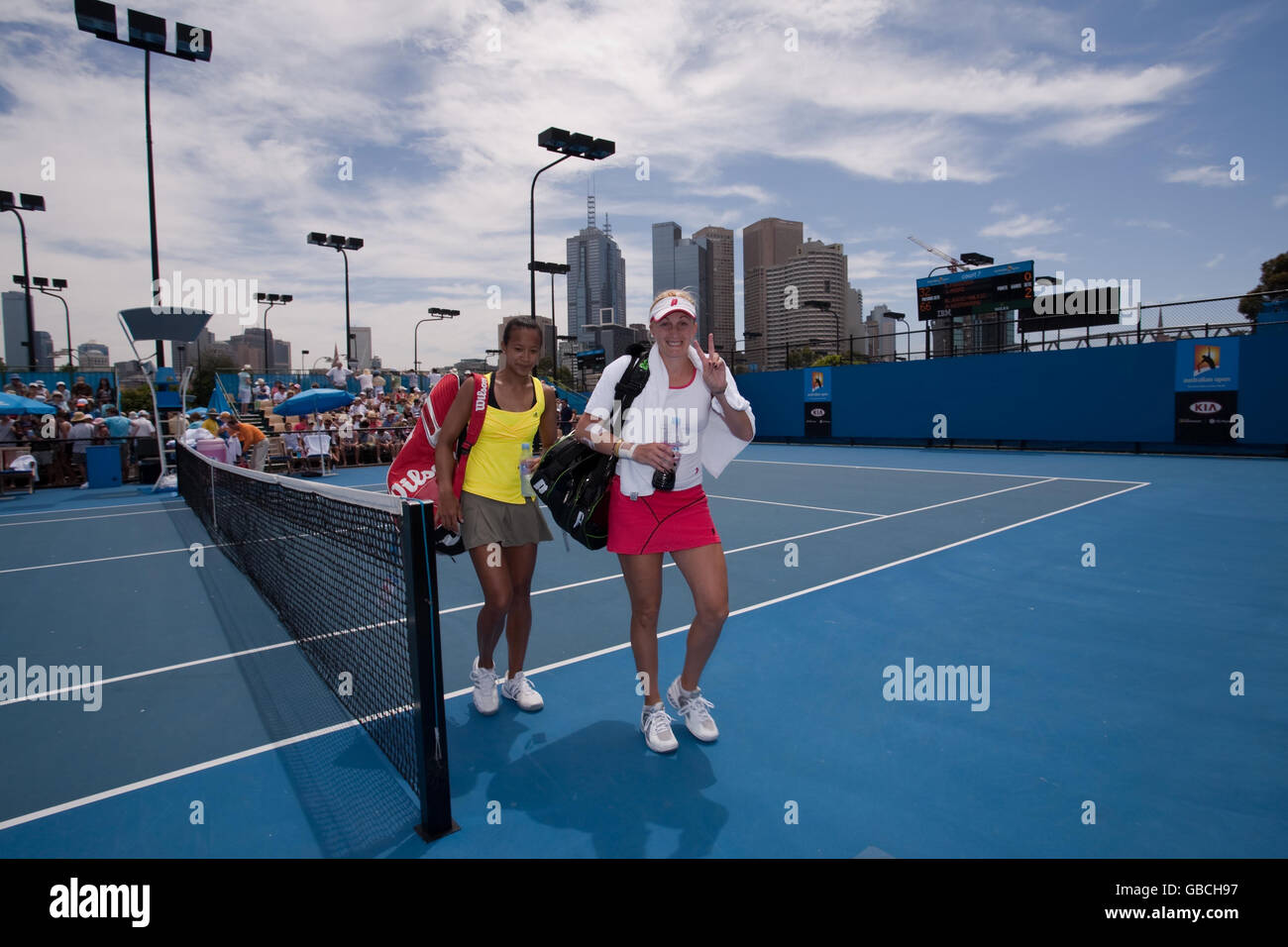 Anne Keothavong and Mervana Jugic-Salkic celebrate their doubles victory over Sophie Ferguson and Jessica Moore during the Australian Open 2009 at Melbourne Park, Melbourne, Australia. Stock Photo