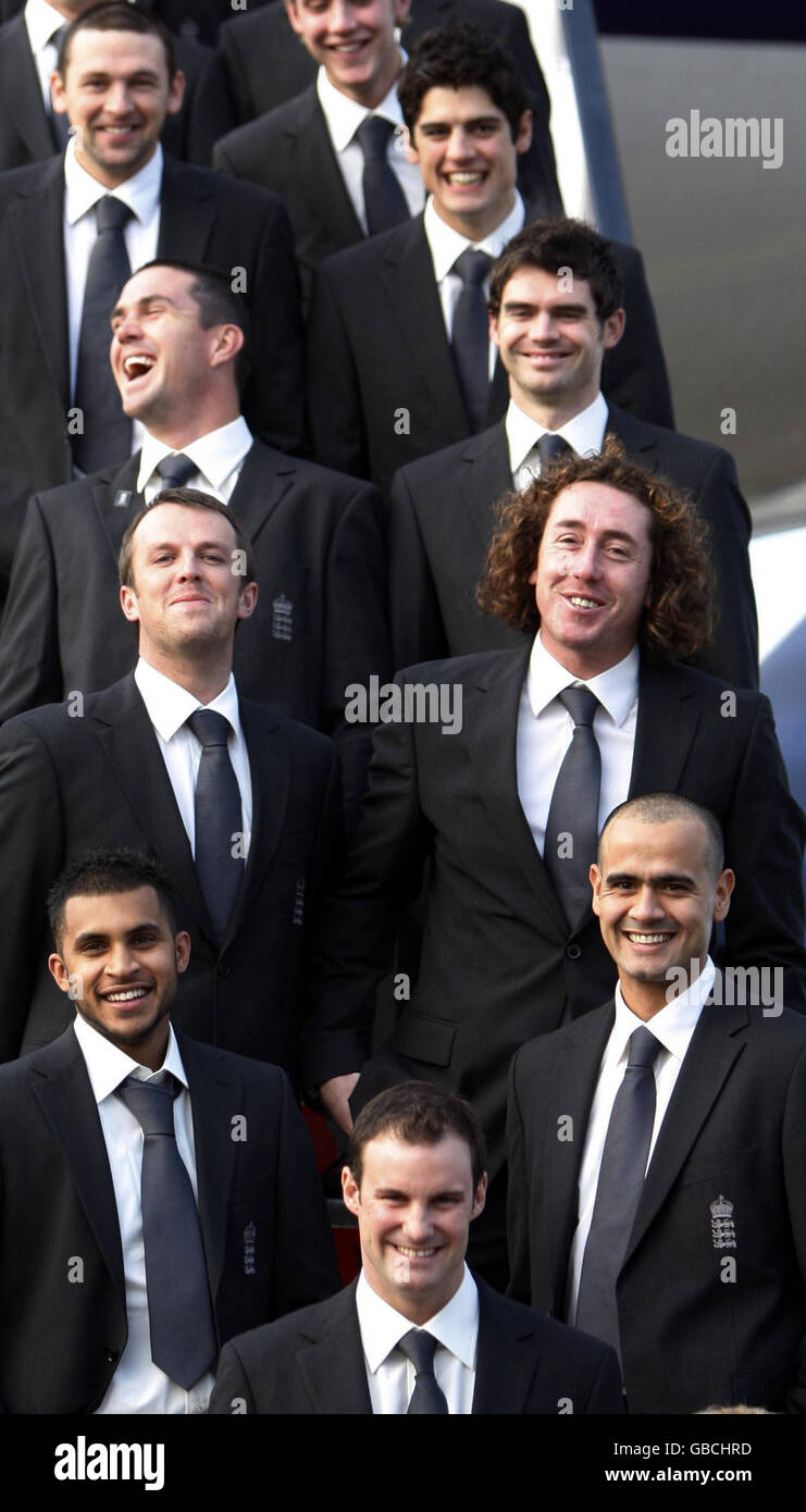 The England team (from bottom left up) Adil Rashid, Graeme Swann, Kevin  Pietersen, Steve Harmison (from bottom right up) Owais Shah, Ryan  Sidebottom, James Anderson, Alastair Cook and Stuart Broad with captain