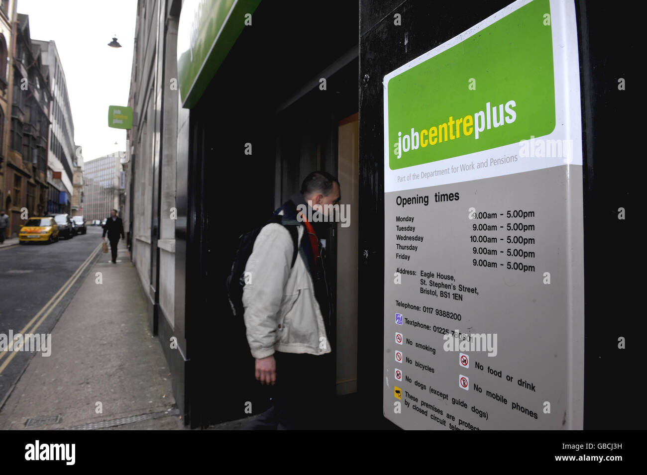 Unemployment figures. A general view of the Job Centre Plus entrance, St Stephen's Street in the centre of Bristol. Stock Photo