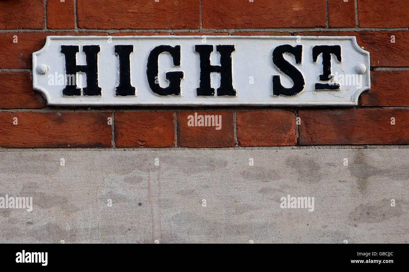 The High Street sign in Lincoln city centre as official figures today reveal the UK is officially in recession. The economy saw its worst output performance since 1980 in the final three months of 2008. Stock Photo