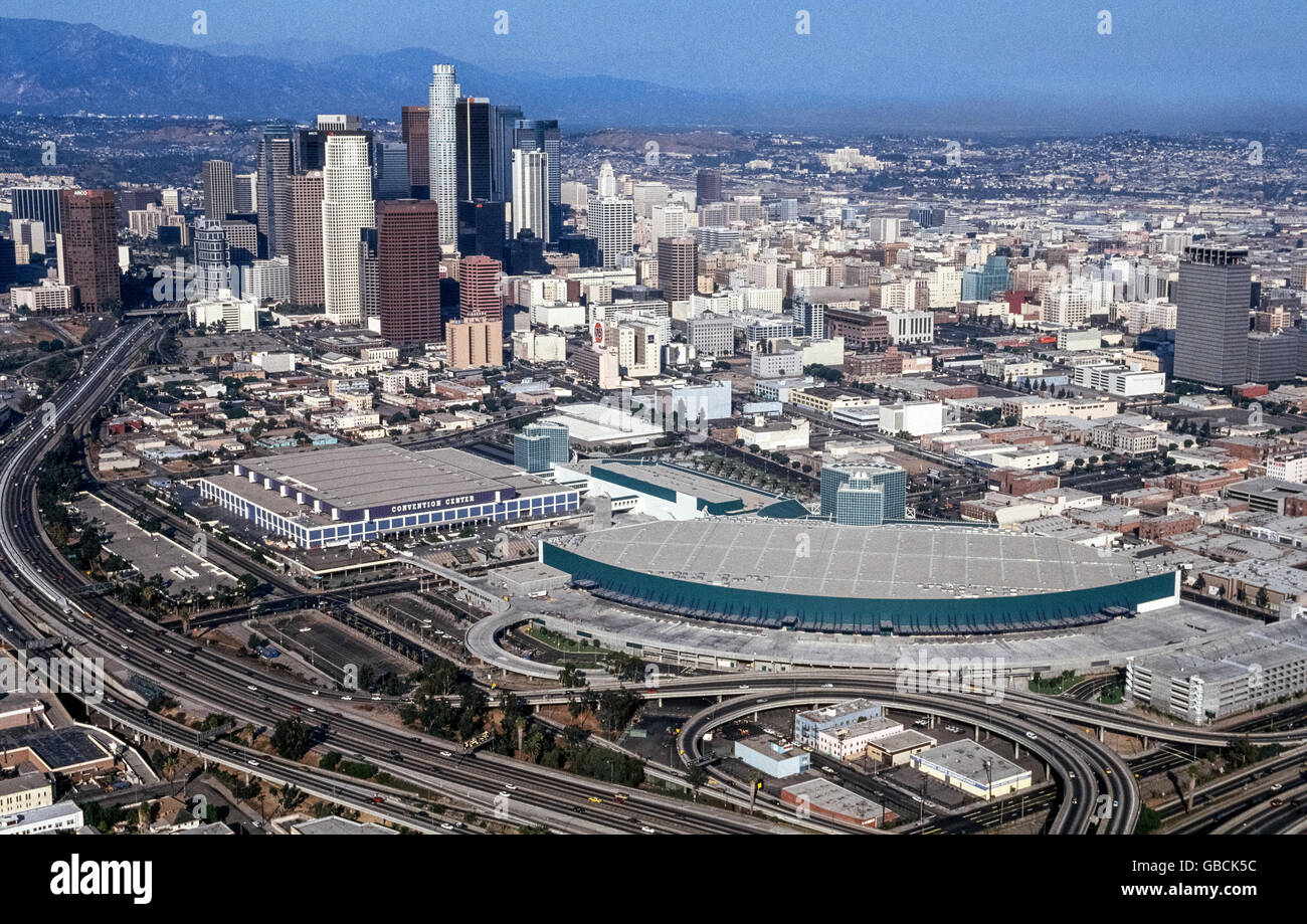 An aerial view of downtown Los Angeles, California, USA, with the vast Los Angeles Convention