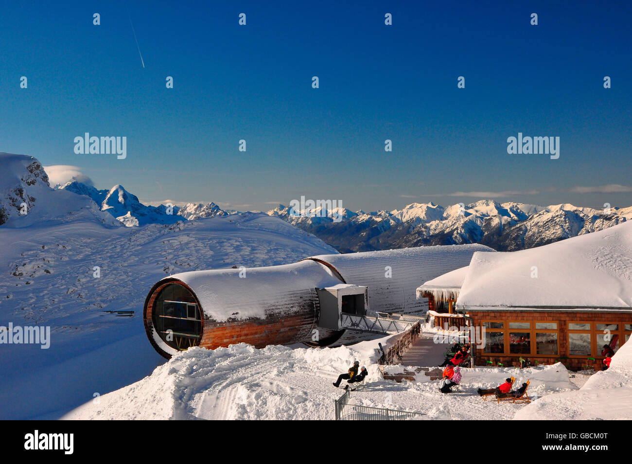 Winterlandschaft, Berggipfel, Bergstation, Winter, Alpenpanorama, Karwendelgebirge, Oberbayern, Mittenwald, Deutschland Stock Photo