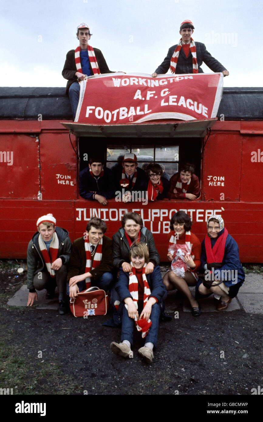 Soccer - Football League Division Four - Workington. The Workington junior supporters club at their headquarters, a converted train carriage. Stock Photo