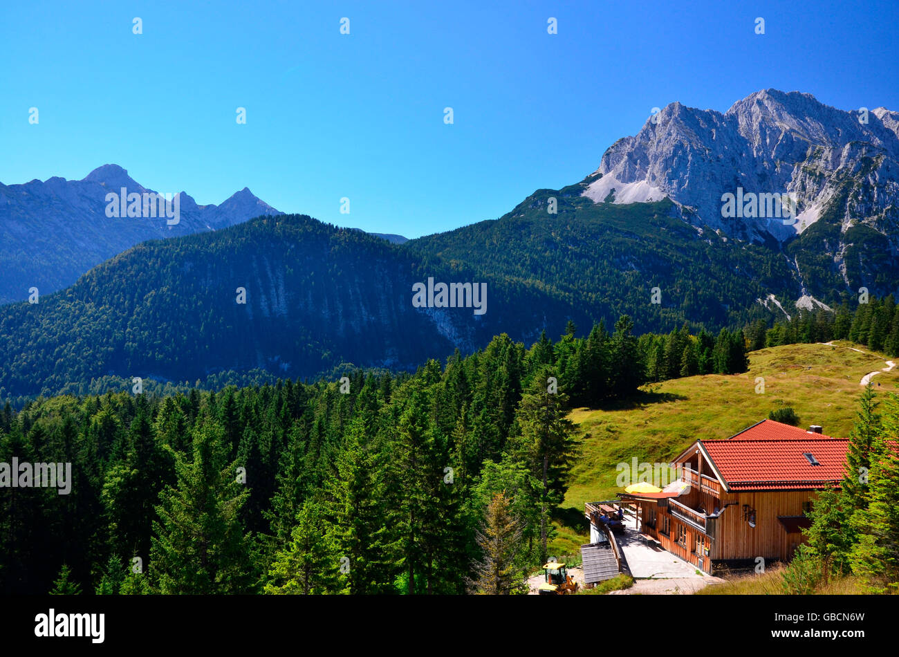 Sommer, Almhuette, Bergwald, Bayern, Oberbayern, Isartal, Deutschland Stock Photo