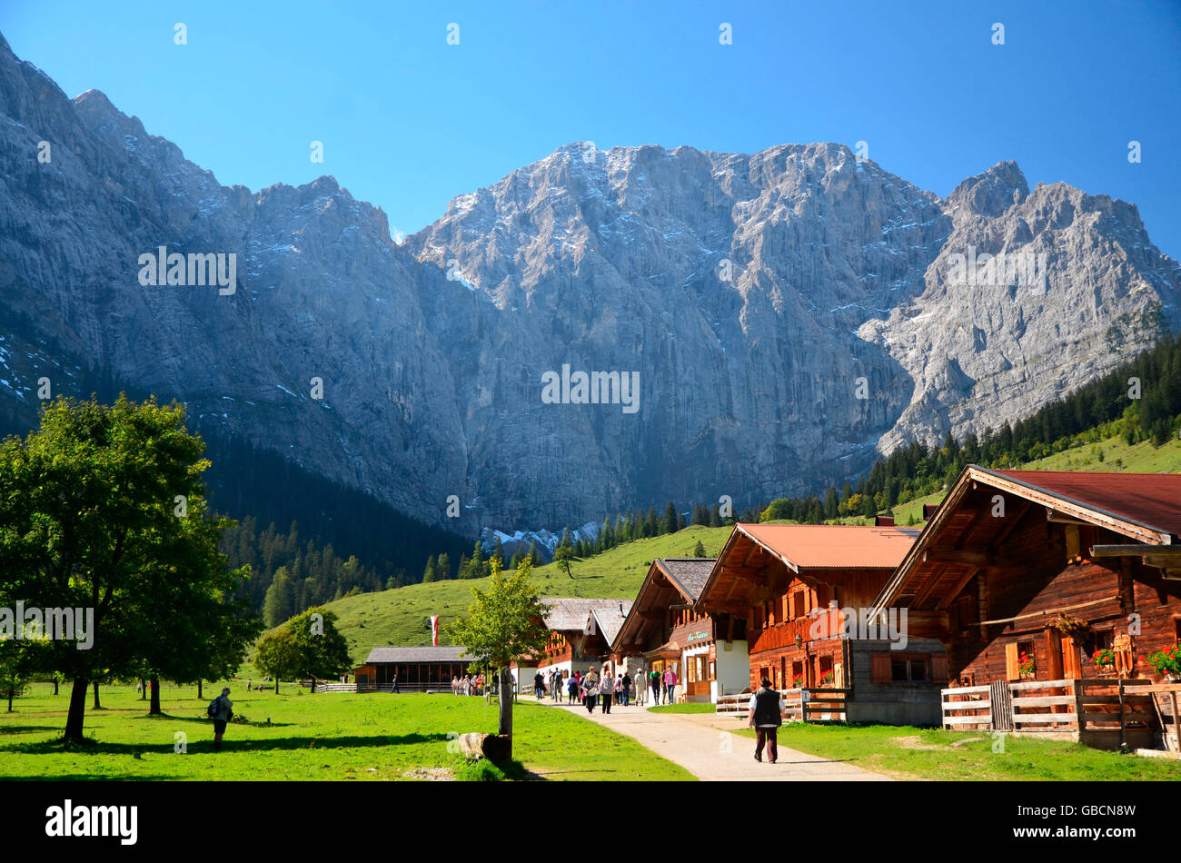 Almdorf, Almhuetten, Eng-Alm, Karwendelgebirge, Tirol, Oesterreich ...