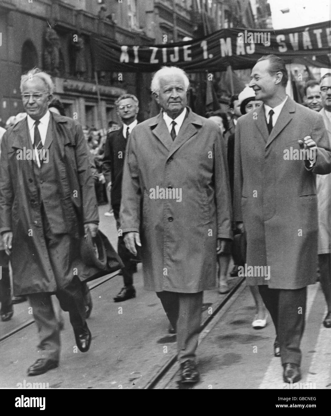 Czech Communist Party Leader Alexander Dubcek (right), smiles as he marches with President Ludvik Svoboda (center) and Party chief-to-be Gustav Husak in Prague's 1968 May Day Parade. Less than four months later, in August, invading Warsaw Pact troops shattered Mr. Dubcek's hopes of establishing a more liberal Czechoslovakia and led to Dubcek's replacement by Husak. Stock Photo