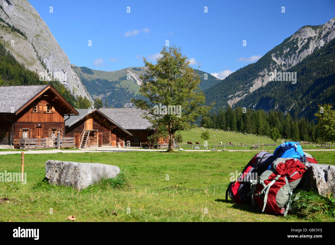 Almdorf, Almhuette, Gebirge, Engalm, Bergruecken, Wandergebiet, Tirol, Oesterreich Stock Photo