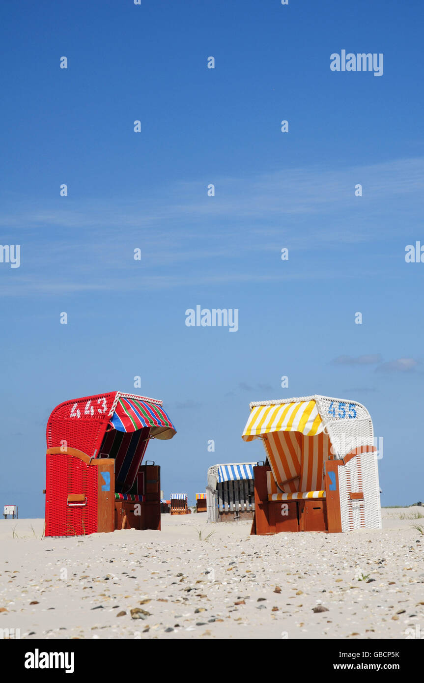 Wicker beach chairs, isle Amrum, North Sea, Schleswig-Holstein, Germany Stock Photo