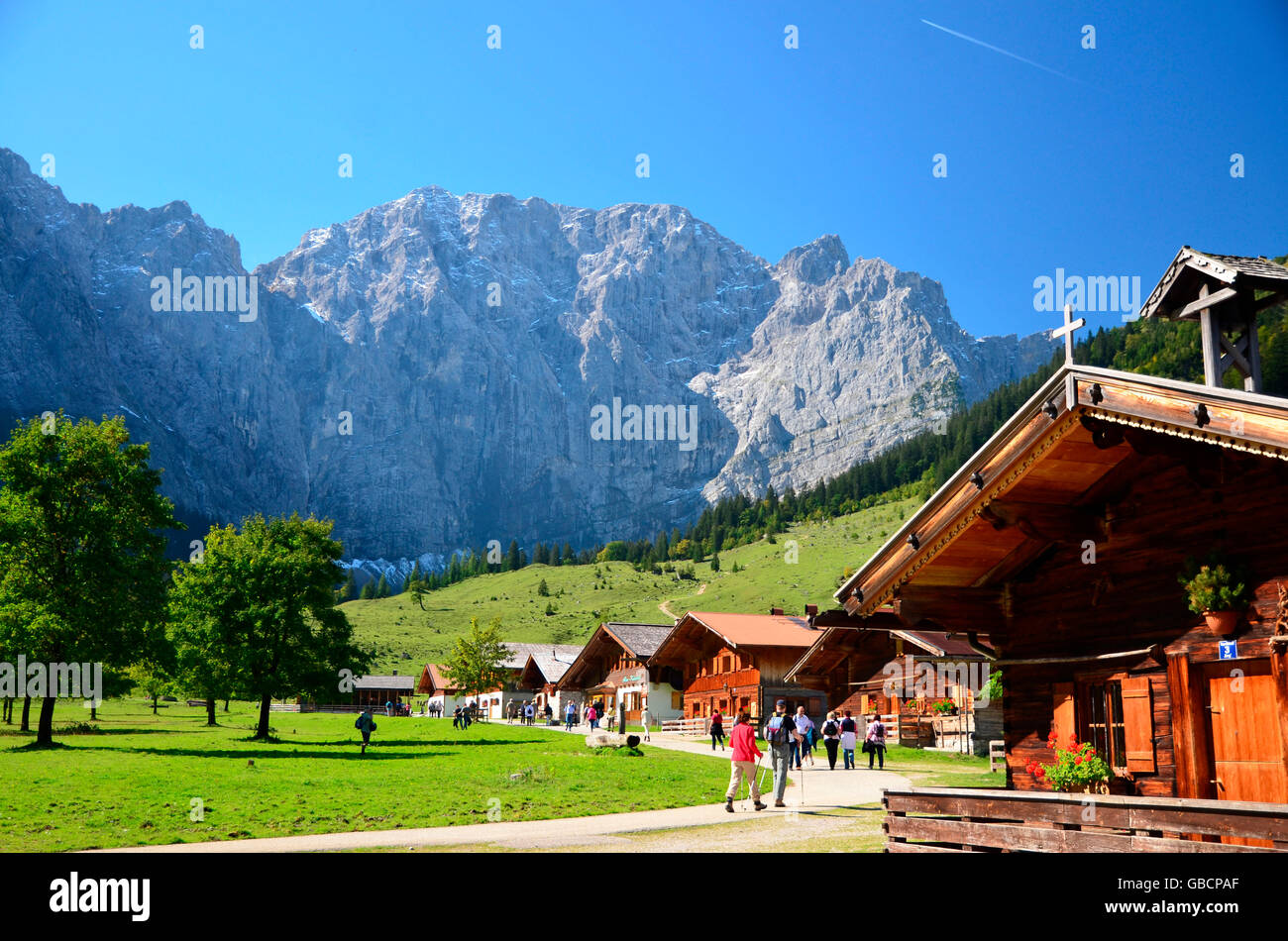 Farm houses, Eng alpine pastures, alp, conservation area, Karwendel Mountains, Tyrol, Austria / Ahornboden Stock Photo