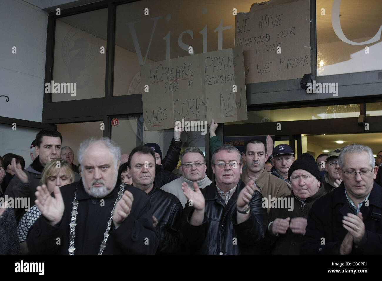 Workers and former employees at Waterford Crystal, who spent the night occupying the main visitor centre at the company's factory in Kilbarry, Waterford. Stock Photo