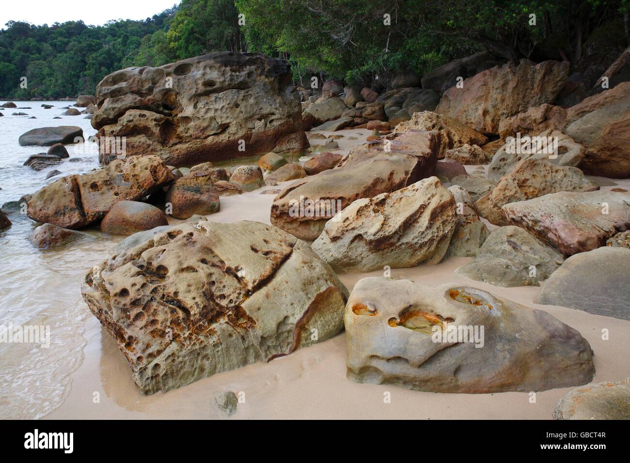 Strand mit Felsen und Regenwald, Permai Rainforest, Damai Beach, Satubong, Suedchinesisches Meer, Sarawak, Borneo, Malaysia, Asien Stock Photo