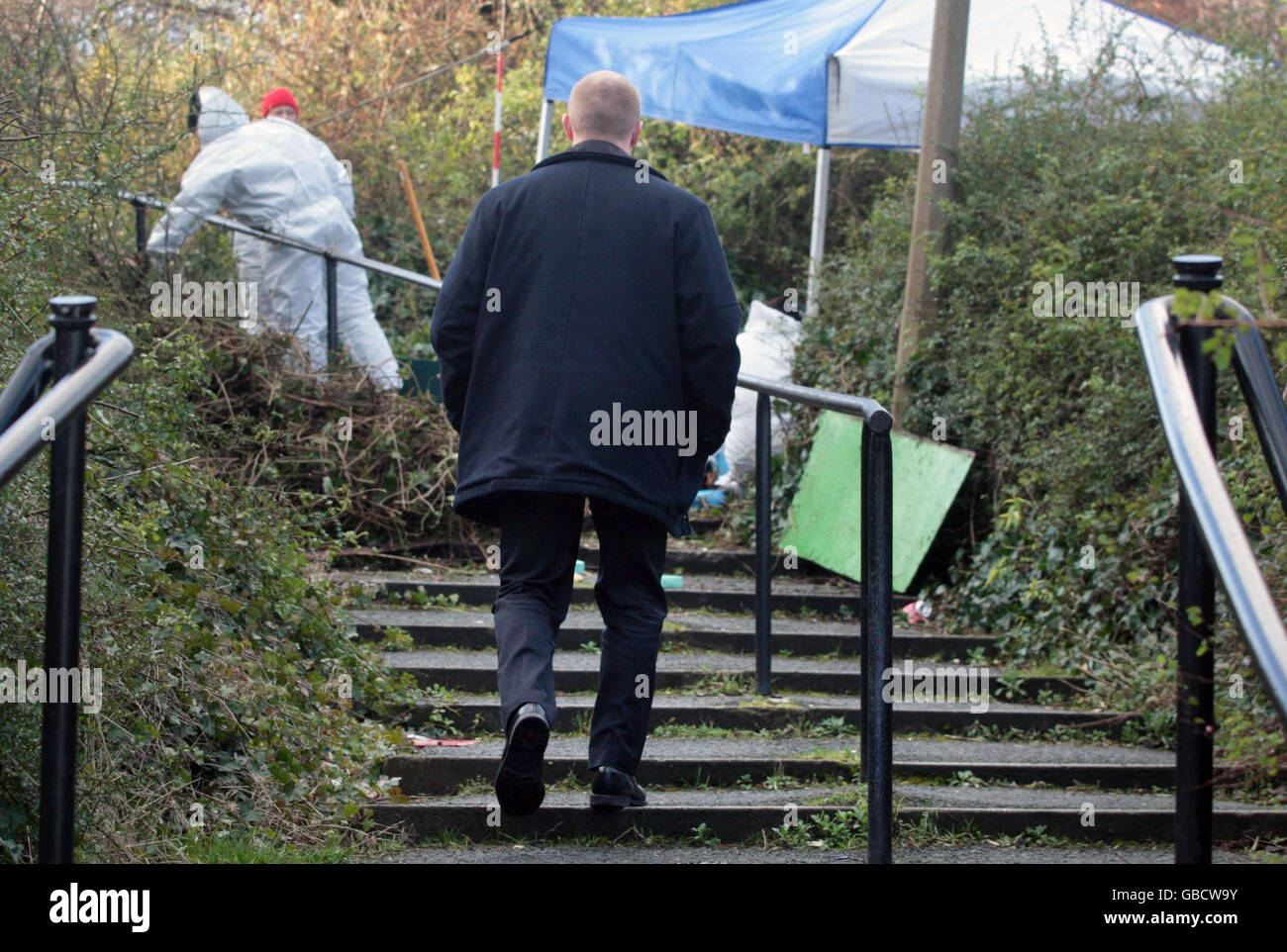 Police carry out a search of undergrowth in the Granton area of Edinburgh after the human remains were found there and is thought to belong to Heather Stacey, whose badly decomposed head was found in an Ikea bag on a footpath in Newhaven, in the Scots capital, on Wednesday, December 31. Stock Photo